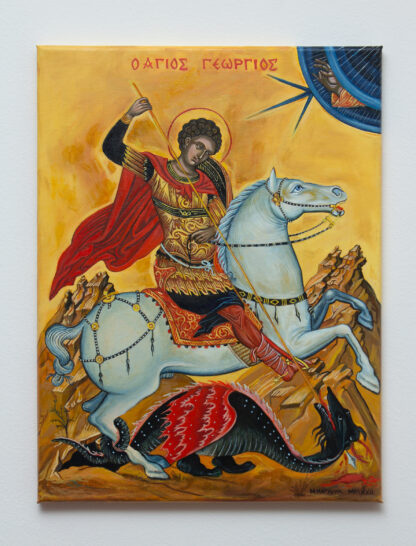 Detalj - Sveti Georgije (Đorđe) Pravoslavna Ikona - 40x30 cm - Originalno ulje na platnu - umetnik Milica Marušić