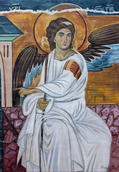 Beli Anđeo - detalj 2 - Uramljena Pravoslavna Ikona - 62x48cm Ulje na platnu – Umetnička slika umetnik Milica MARUŠIĆ