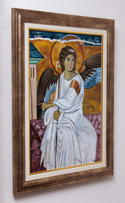 Beli Anđeo - sa strane - Uramljena Pravoslavna Ikona - 62x48cm Ulje na platnu – Umetnička slika umetnik Milica MARUŠIĆ