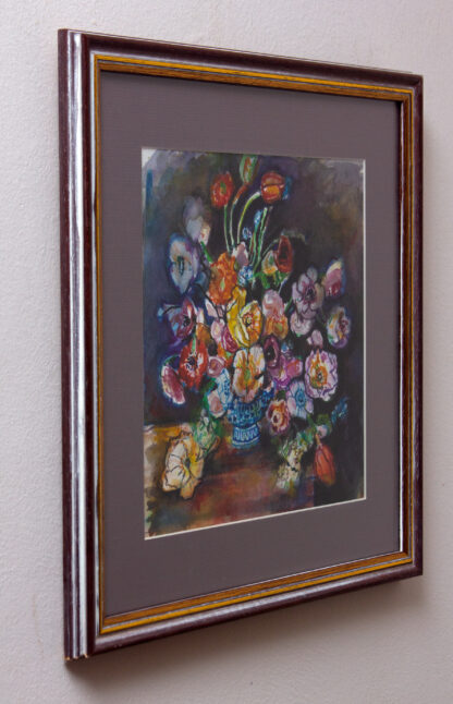 Cveće - sa strane - Uramljena mrtva priroda - 39x39cm - akvarel na papiru - 2023 Umetnička slika umetnik Milica MARUŠIĆ