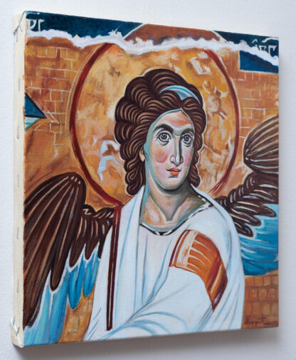 Beli Anđeo - sa strane - Pravoslavna Ikona - 30x30cm ulje na platnu - Umetnička slika umetnik Milica MARUŠIĆ
