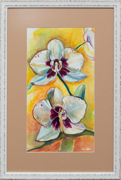 Orhideje - Uramljena mrtva priroda - 50x35cm - akvarel na papiru - 2020 Umetnička slika umetnik Milica MARUŠIĆ