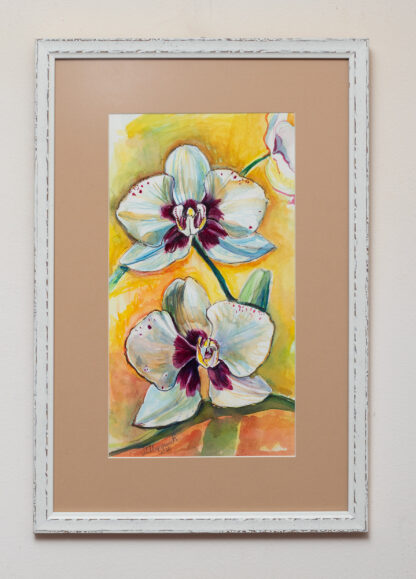Orhideje - detalj - Uramljena mrtva priroda - 50x35cm - akvarel na papiru - 2020 Umetnička slika umetnik Milica MARUŠIĆ